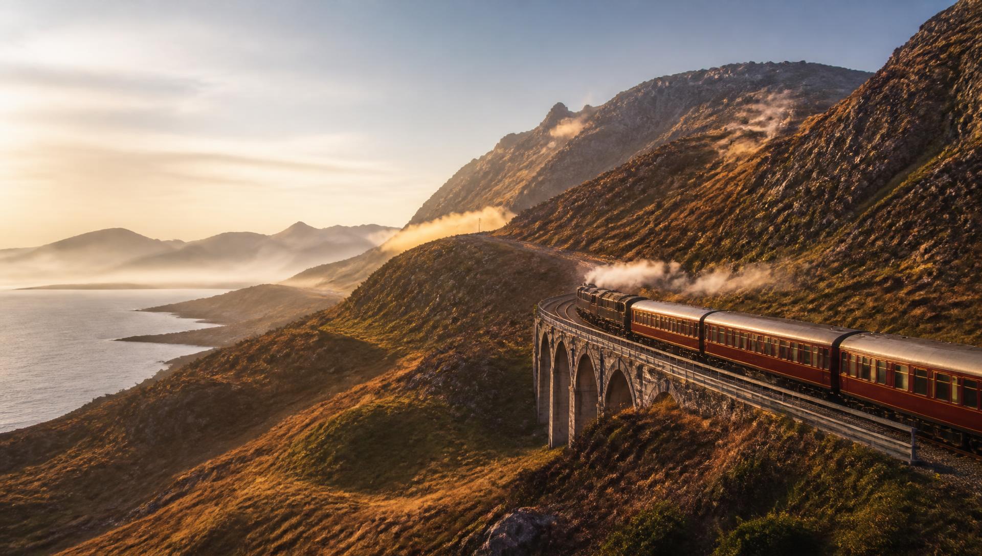 Train longeant une côte montagneuse au lever du jour